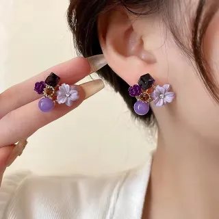 Purple Crystal Flower Stud Earring